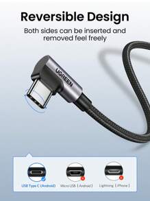 UGREEN Nylon USB C Cable 90 Degree Fast Charger Type C Cable Compatible With Samsung Car Play Nan Fast Charging - Black - View 6