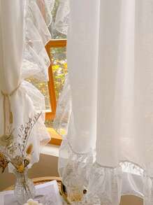 1pc White Sheer Voile Curtain With French Ruffled Edges, Translucent Effect - White - View 7