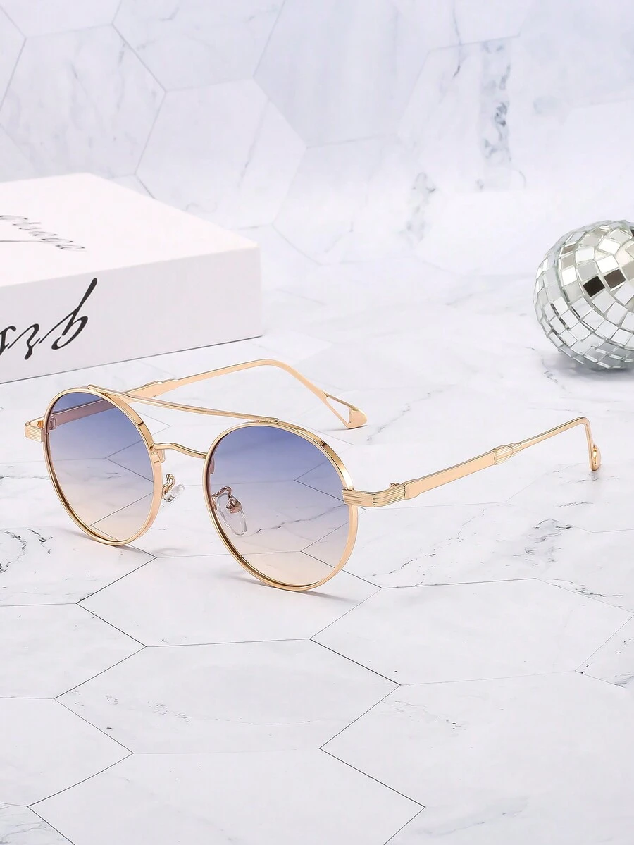 1pc Retro Gold Frame Blue & Yellow Lens Metal Double Beam Round Sunglasses For Daily Use - Blue - View 1