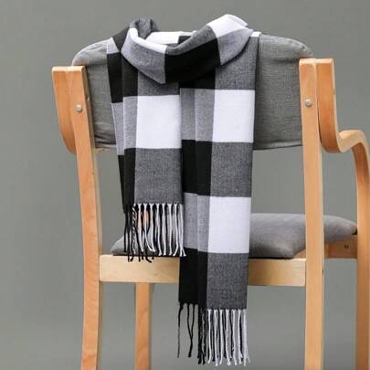 1pc Men Fashionable British Plaid Pattern Tassel Warm Scarf For Autumn/Winter, Suitable For Students, Couples, Business And Outdoor Activities Casual Men AccessoriesMen Scarves