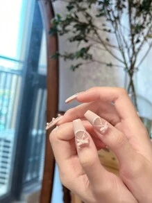 女神般溫柔可愛,多巴胺現實手工製作流行透明合金蝴蝶結指甲貼帶腮紅效果,以及時髦可拆卸閃爍指甲貼批發果凍凝膠,24片/包,隨時隨地都方便貼上 - 彩色 - 查看 4