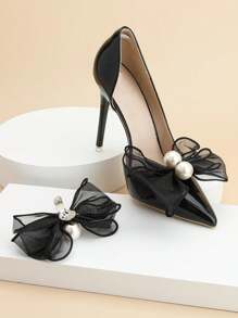 2pcs Simple & Vintage Pearl Decor Shoe Clip With Fishnet Lace For Elegant And Stylish Look
