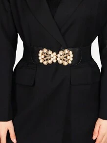 時尚簡約的珍珠花朵設計金屬扣彈性腰帶,多功能裙裝/套裝配件 - 黑色 - 查看 1
