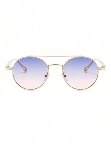 1pc Retro Gold Frame Blue & Yellow Lens Metal Double Beam Round Sunglasses For Daily Use - Blue - View 2