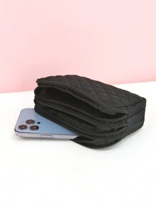 三拉链女士钱包零钱包，多层设计，生日/母亲节礼物，休闲绗缝细节手提包，适合女性、男女通用、大学生，大容量长款钱包 - 黑色 - 查看 7