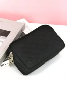 三拉链女士钱包零钱包，多层设计，生日/母亲节礼物，休闲绗缝细节手提包，适合女性、男女通用、大学生，大容量长款钱包 - 黑色 - 查看 5