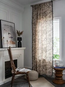 Bubaba 1 pièce de rideaux occultants à imprimé floral, style minimaliste nordique avec décoration de franges noir, convient pour la cuisine, la salle à manger, la chambre à coucher, l'hôtel, la décoration saisonnière
