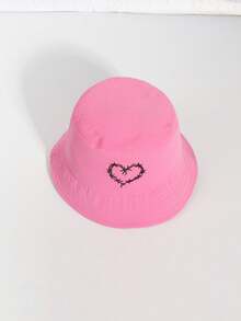 1pc Unisex Casual Solid Color Bucket Hat With Embroidered Heart Pattern For Women - Hot Pink - View 4