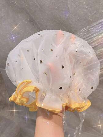 时尚双层防水浴帽，带星月图案，家居浴室装饰，返校季