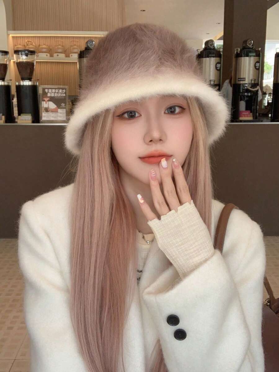 LEAJOURNO. 1入組女士毛絨漏斗帽，秋冬季節保暖實用，大頭遮陽帽，毛絨漏斗帽優雅 - 棕色 - 查看 1