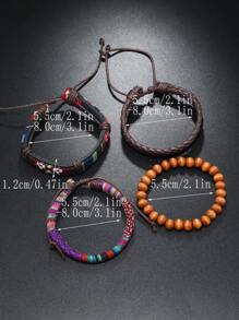 4入組波西米亞風格彩色繩子和皮革編織女士手鍊 - 棕色 - 查看 5