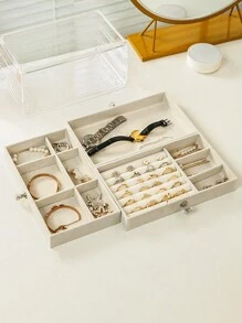 1pc Jewelry Storage Box Three-layer Velvet Jewelry Tray Jewelry Storage Box - Beige - View 3