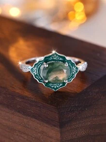 1 Bague De Goutte D'huile Vintage En Agate De Mousse Verte Ovale Élégante En Argent Sterling, Cadeau Idéal Pour Fiançailles, Mariage, Anniversaire Pour Femmes