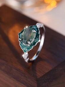 1 Bague De Goutte D'huile Vintage En Agate De Mousse Verte Ovale Élégante En Argent Sterling, Cadeau Idéal Pour Fiançailles, Mariage, Anniversaire Pour Femmes