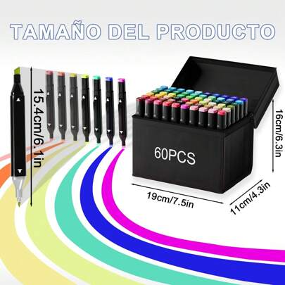 60 Plumones Doble Punta, Marcadores Punta Ancha y Delgada, No Tóxicos, De Dibujo Profesional y para Pintura Vidrio, Tela, Kit de Calabazas, Manualidades Diy, Exterior Color Negro (60 Colores Diferentes)