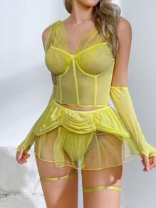 Halloween Princess Belle Lace Costume Set Women's Sexy Lingerie Yellow 7 Piece Set - Yellow - View 4
