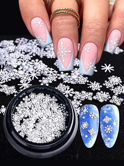 1件圣诞雪花美甲装饰，3D白色雪花与9种雪花图案混合，可爱冬季圣诞美甲装饰，DIY美甲沙龙用品
