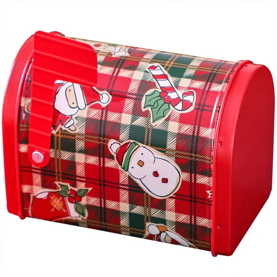 1pc Christmas Decorative Candy Jar Mailbox Shaped Tinplate Candy Biscuit Box Gift Box With Creative Wave Stripe Design - Christmas plaid mailbox - View 1