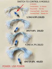 1 件 10/20/30/40LED 1.5/3/4.5/6M USB 8 种模式雪花圣诞室内装饰灯，悬挂装饰仙女灯串，适用于节日、房间装饰圣诞装饰圣诞灯卧室装饰家居装饰派对装饰节日圣诞礼物感恩节圣诞树装饰饰品 - 白色 - 查看 10