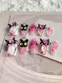 多巴胺Cool Little Devil 10入組長指甲Y2K甜美酷女孩粉色3D小惡魔眼心鏈帶蝴蝶結假指甲，適用於派對、跳舞和日常穿著。按壓式指甲美甲用品 - 粉色 - 查看 4