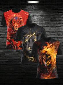 Conjunto De 3 Camisas De Leão Lion Fuego Rayo Impreso En Calidad De Imagen 4k, Tela Ligera Y Cómoda - Negro - Ver 1