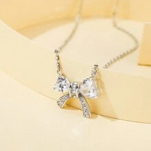 1pc 925 Sterling Silver Ribbon Bow Design Pendant Necklace - Silver - View 4