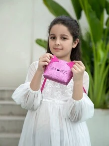 1pc Girls' Mini Pink Gritty Half-Circle Crossbody Bag With Cute Cat Design, Suitable For Daily Use