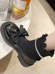 瑪莉珍彈性絲襪靴女2023秋季新款甜美酷蝴蝶結時尚珍珠粗跟針織修身靴子