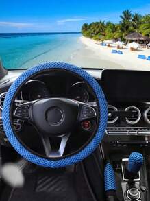 MEIKAXIU 3 件/套女士汽車配件,防滑按摩網布方向盤套,換檔套,手煞車套,適合 14.5-15 英吋方向盤 - 藍色 - 查看 3