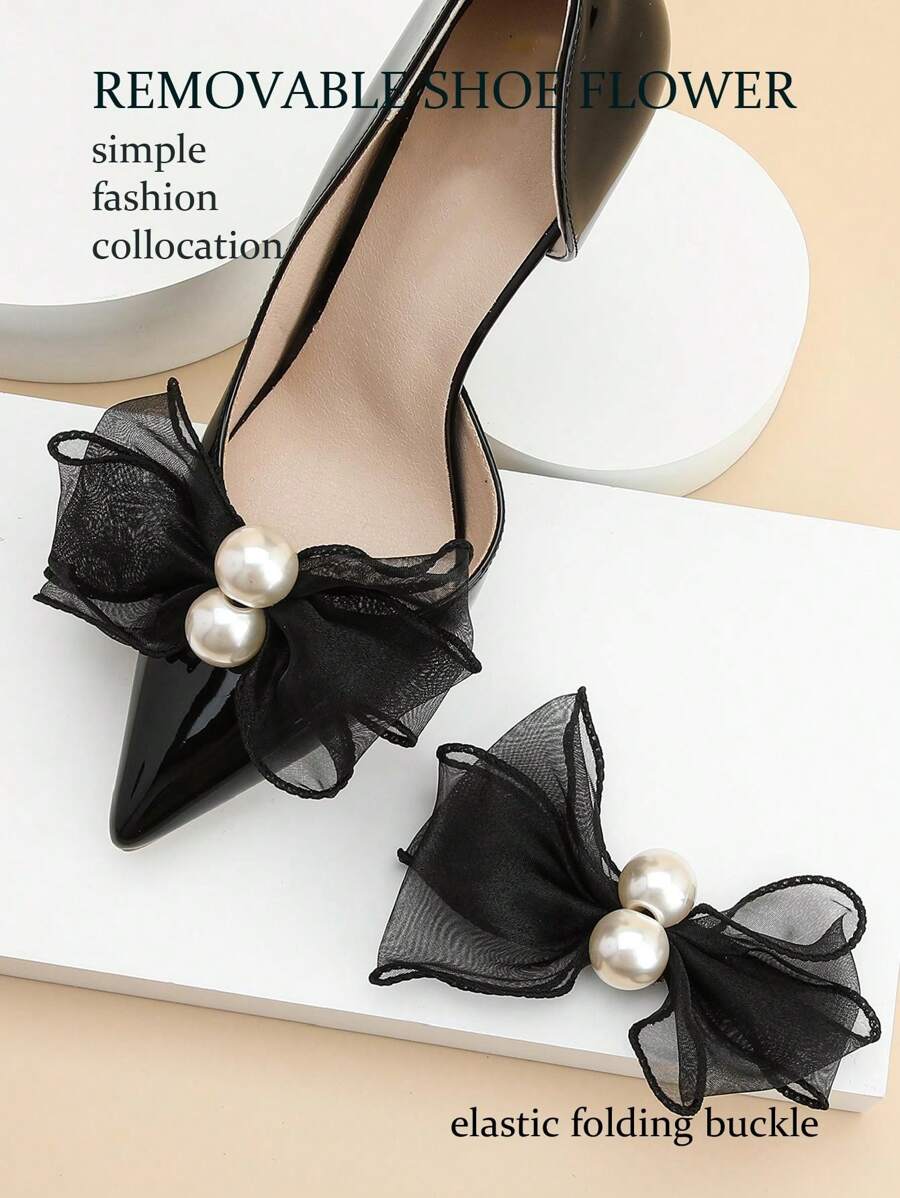 2pcs Simple & Vintage Pearl Decor Shoe Clip With Fishnet Lace For Elegant And Stylish Look
