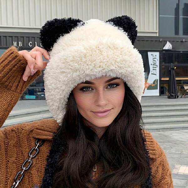 Cappello con paraorecchie carino stile giapponese con orsetto per donne, berretto invernale caldo in peluche con collo scaldanuca, berretto di lana intrecciato