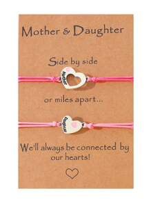Goodwaro 2pcs Creative Polished Pink Drip Heart Shape Pendant Bracelet Set, Engraved Mother & Daughter Design, Handmade Braided Bangle, Matching Card And Package, Suitable For Christmas, Thanksgiving & New Year's Gift - Black - View 11