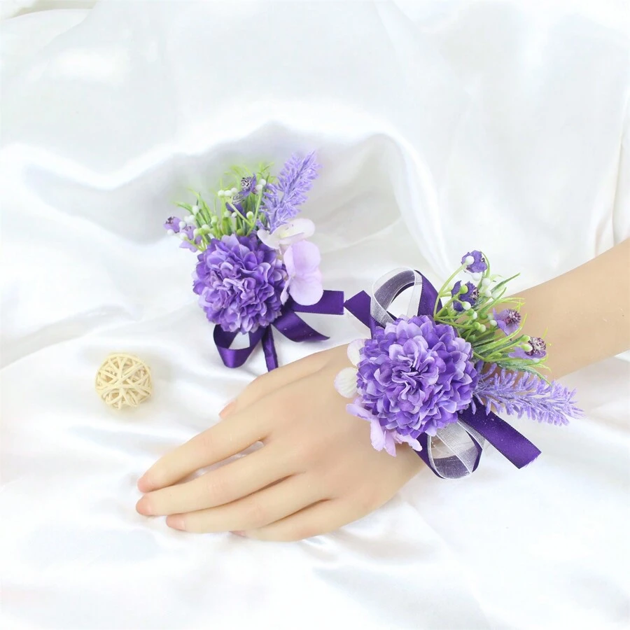 2 件組婚禮手腕花和胸花套裝,新郎伴郎婚禮人造牡丹玫瑰胸花,新娘伴娘優雅薰衣草手腕花婚禮舞會訂婚儀式手腕花裝飾