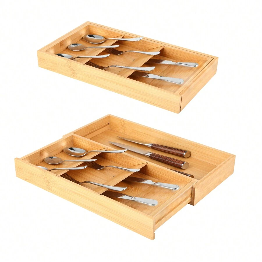 Bamboo Cutlery Drawer Organizer With Expandable Tray, Kitchen Flatware Drawer Storage Box For Forks, Spoons, Knives And Other Utensils Home Appliances Accessories Gadgets Tools Christmas Stuff Cooking Christmas - Wood color - View 1
