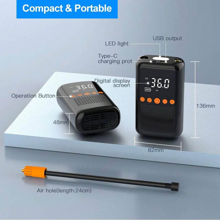 1入組帶led燈汽車輪胎充氣泵,手持式無線充電充氣泵,適用於輪胎和球