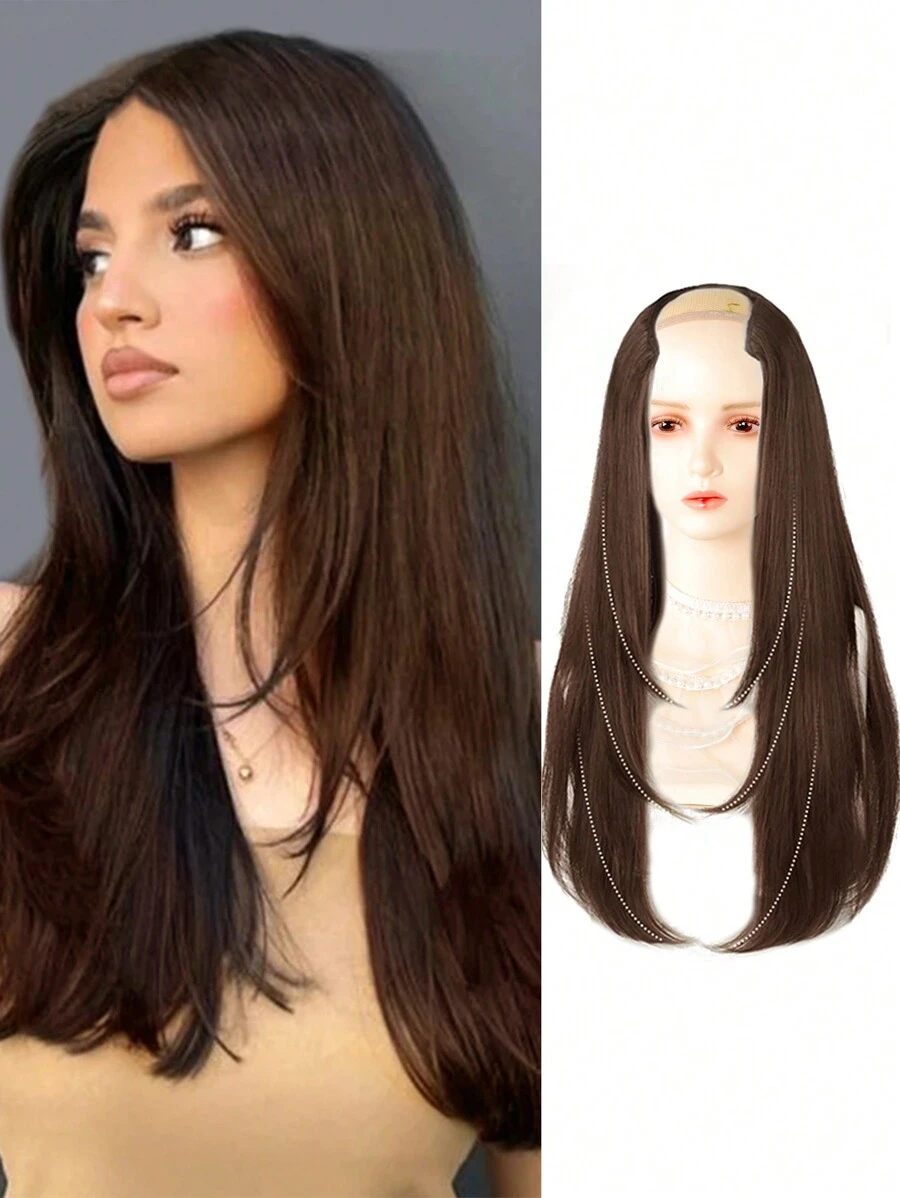 22 英寸 U 型接发 合成发 长直发 夹式接发 假发 浅棕色 Ren 发片 女士适用 - Light Brown - 查看 1