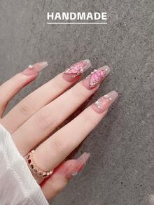 GIRL PLUS Girlplus 10個手工製作的長棺形假指甲,水晶蝴蝶指甲設計,時尚的指甲套裝,適合女性和女孩日常穿着