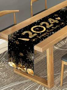 1pc Polyester Black Gold Happy New Year Table Runner,2024 New Year Party Decorations Background Table Runner,Black Gold Home Table Party Supplies Tablecloth, Table Cover