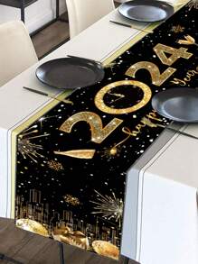 1pc Polyester Black Gold Happy New Year Table Runner,2024 New Year Party Decorations Background Table Runner,Black Gold Home Table Party Supplies Tablecloth, Table Cover