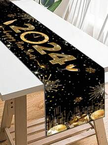 1pc Polyester Black Gold Happy New Year Table Runner,2024 New Year Party Decorations Background Table Runner,Black Gold Home Table Party Supplies Tablecloth, Table Cover