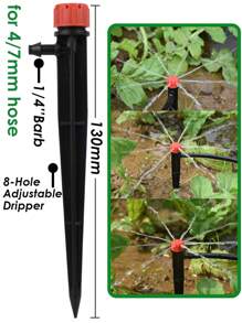 一套25/50件可调节8孔花园滴灌系统喷嘴，带1/4''接口，适用于4/7mm园艺管，可插入土壤，用于果树、蔬菜、花卉等植物的节水灌溉，适用于农业花园苗圃、庭院、温室、阳台、草坪、菜地。可以作为节日礼物送给热爱花园的父母或祖父母。,园艺工具, 园艺工具 - 彩色 - 查看 3