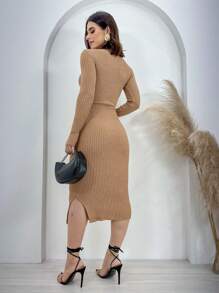 Women Sweater Dresses - Camel - Ver 3