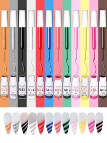 12 Colors Painted Gel Nail Polish Set,5ml Colorful Black White Drawing Line Nail Art Gel Wire Pulling Gel Kits With Brush, Gel DIY Nail Art Tools