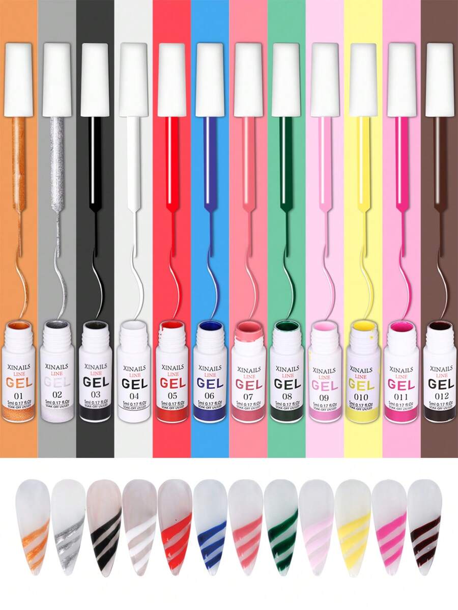 12 Colors Painted Gel Nail Polish Set,5ml Colorful Black White Drawing Line Nail Art Gel Wire Pulling Gel Kits With Brush, Gel DIY Nail Art Tools