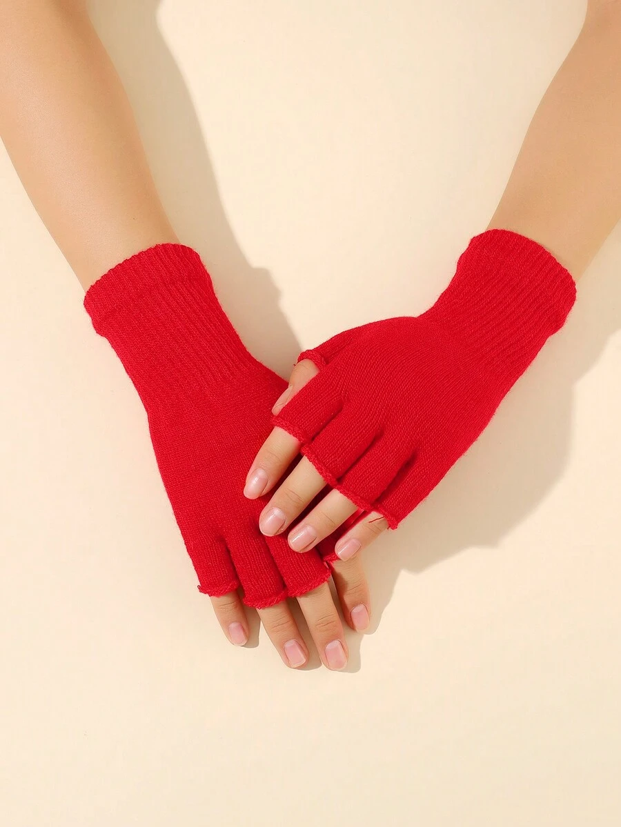 一雙純色長款肋紋針織手套,簡約運動風指環手套 - 紅色 - 查看 1
