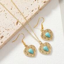 2pcs/Set Stylish Hammered Texture Design Heart Pendant Necklace & Earrings Set With Green Turquoise Inlay, Suitable For Women's Daily Gathering - Gold - View 6