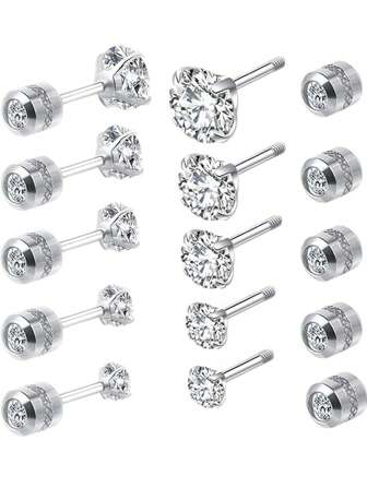 5 Pairs Titanium Steel Earrings, Suitable For Sensitive Ears, Flat Back Studs For Men & Women, Silver, Gold, Black Spiral Earrings, Hypoallergenic Surgical Steel Cartilage Earrings Set