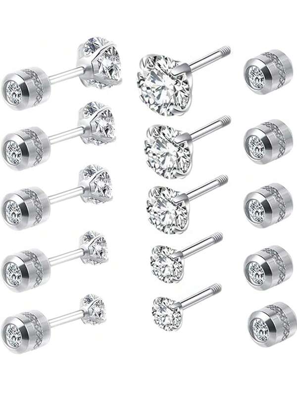 Set de 5 pares de pendientes de acero de titanio, adecuados para orejas sensibles, pendientes de botón de espalda plana para hombres y mujeres en plata, oro, espirales negros, pendientes hipoalergénicos de cartílago de acero quirúrgico