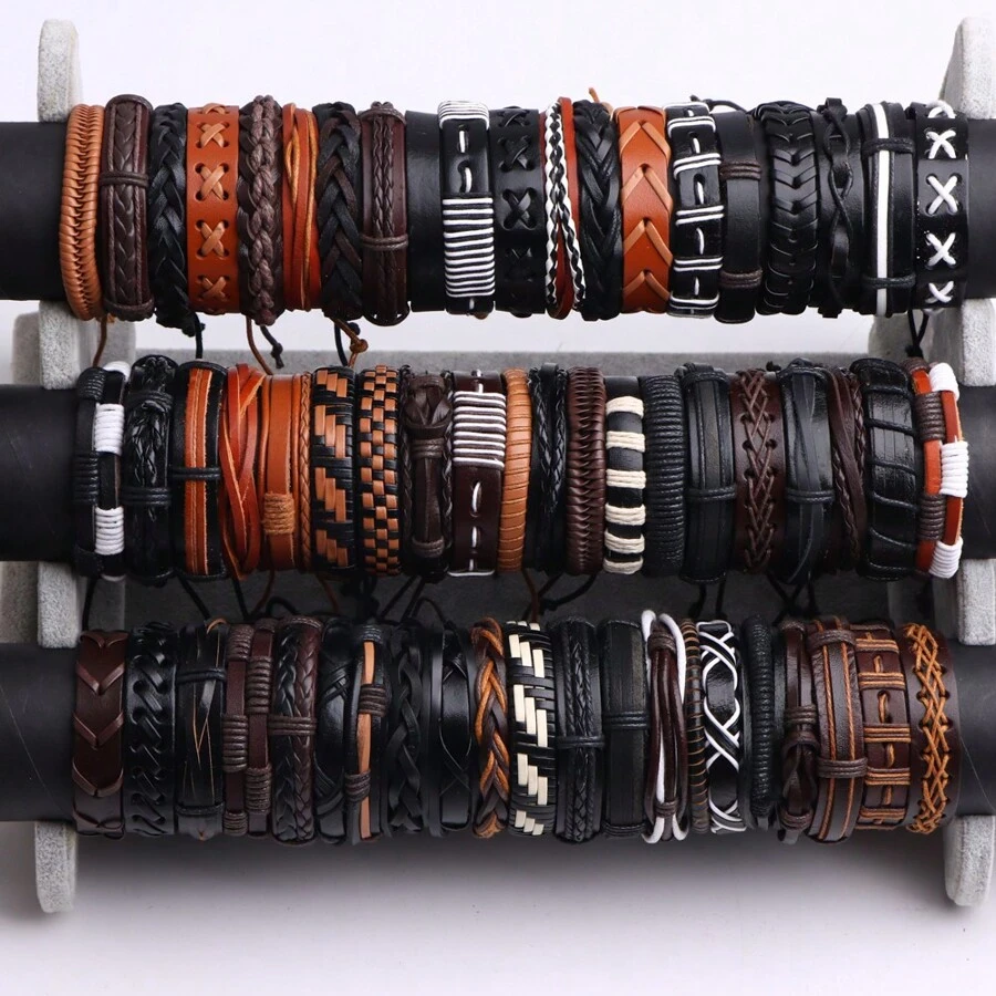 10 Piezas/pack Pulseras Trenzado Ajustable Multicolor Negro Y Marrón De Estilo Europeo Y Americano De Moda, Perfectas Para Regalo De Accesorio De Joyería De Los Hombres - brazalete de cuero - Ver 1