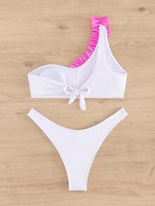 Fashionable Color-Blocked Bikini Set, Two Pieces, Oblique Shoulder Design With Ruffle Detail Summer Beach - White - View 7